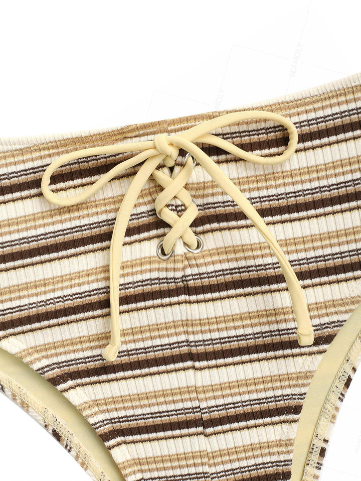 Seamolly Knit Striped Contrast Binding Lace Up Half-Covered Bikini Set