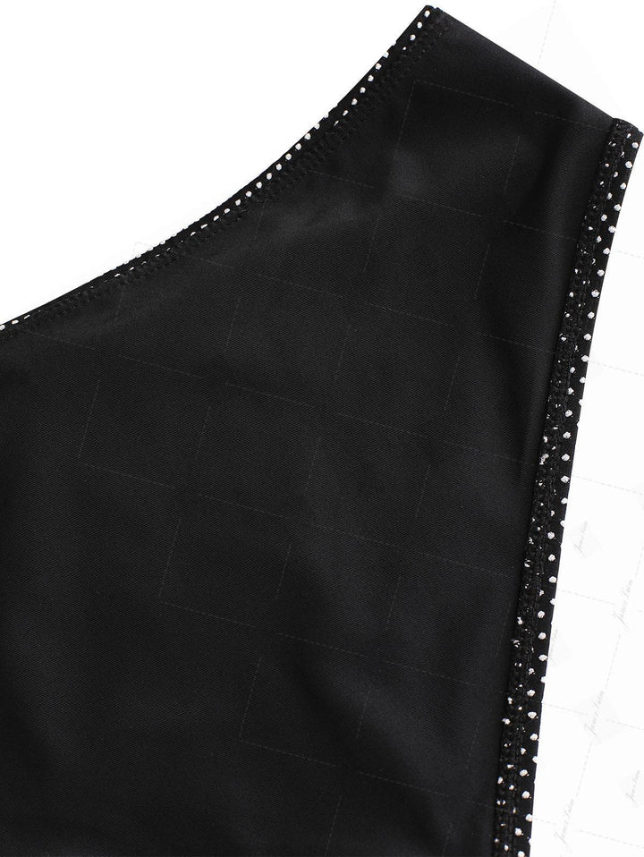 Black Pin Dot Jacquard Fabric Plunging Neck Halter Tied Tankini Set