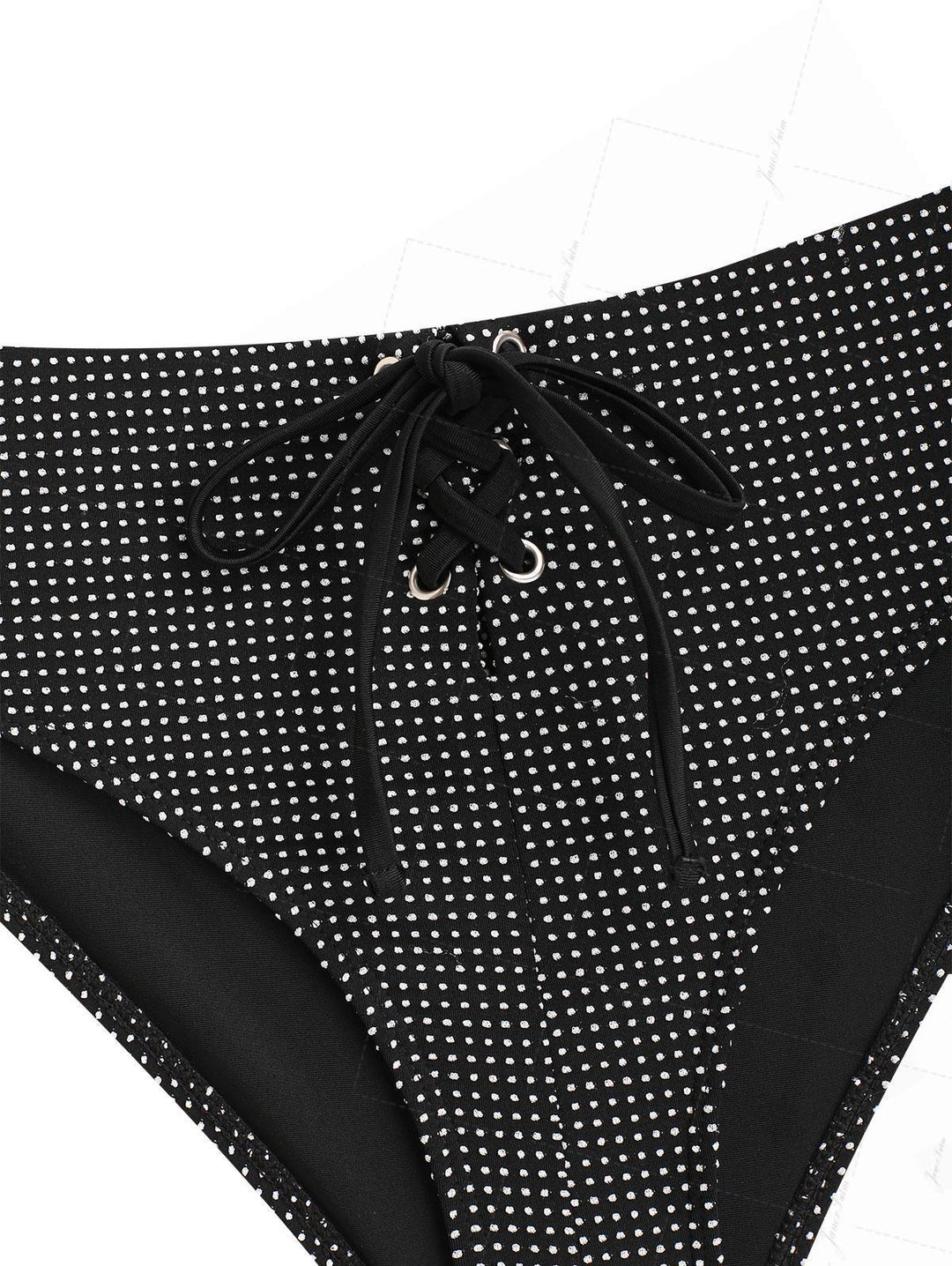 Black Pin Dot Jacquard Fabric Plunging Neck Halter Tied Tankini Set