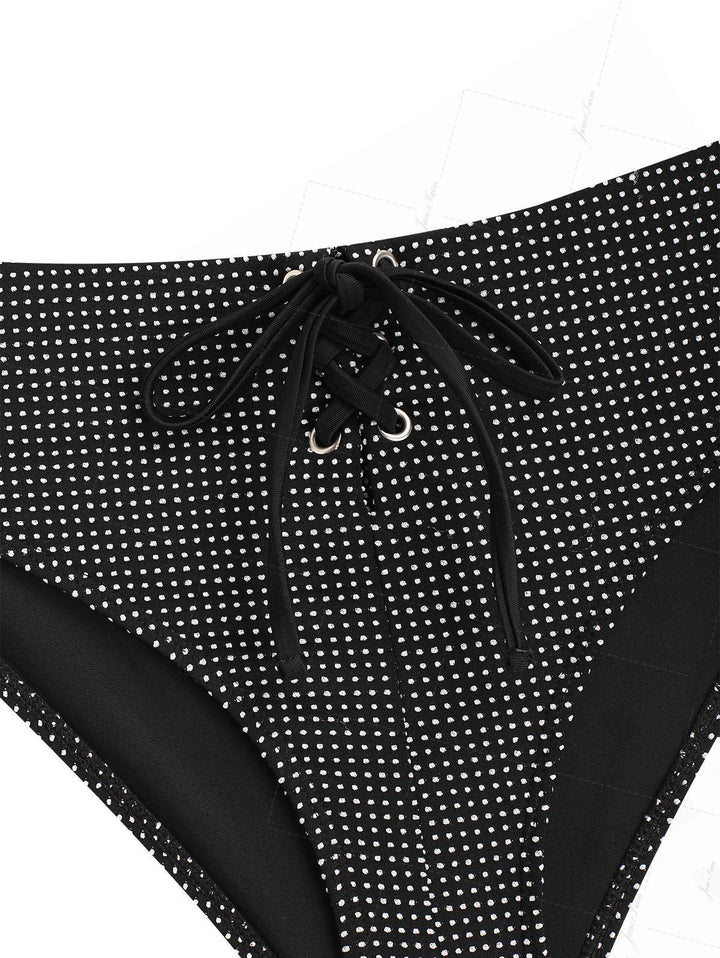 Black Pin Dot Jacquard Fabric Plunging Neck Halter Tied Tankini Set