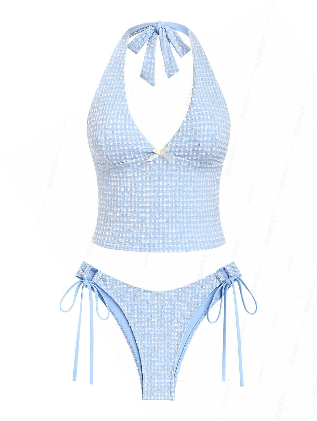 Seamolly Gingham Textured Bowknot Lace Up Back Halter Tankini Set