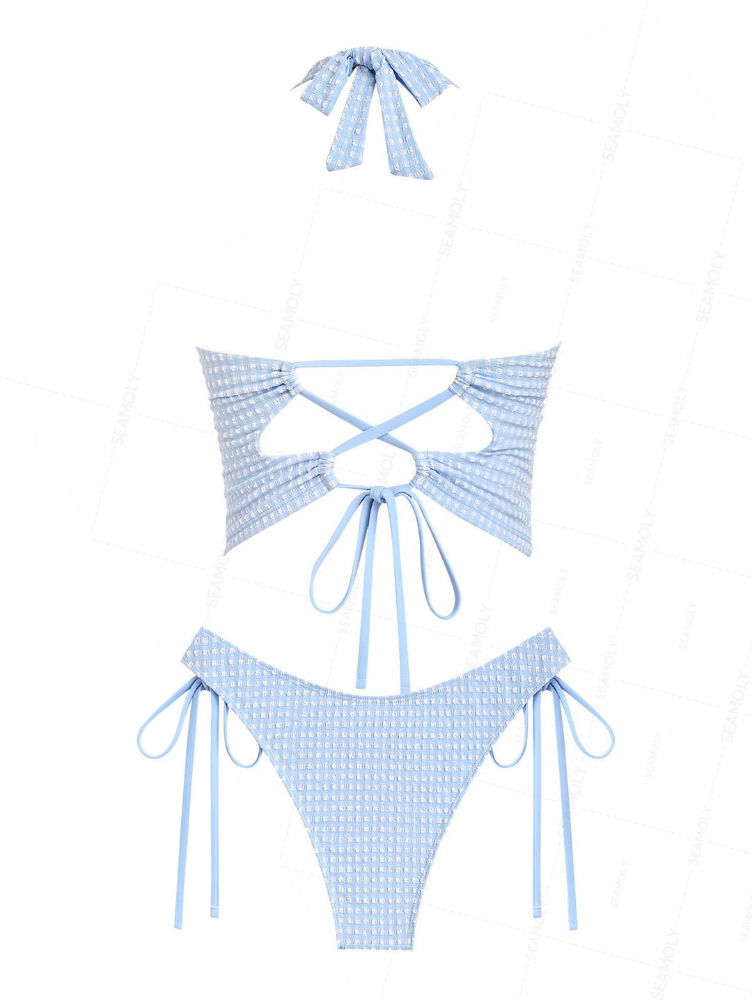 Seamolly Gingham Textured Bowknot Lace Up Back Halter Tankini Set