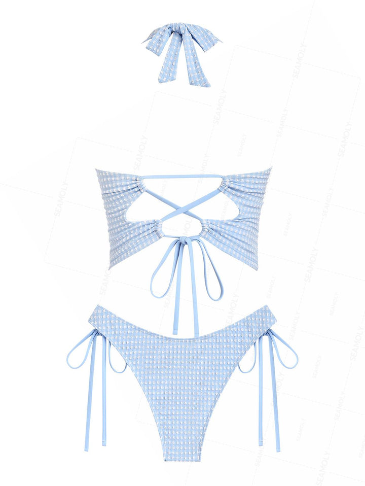 Seamolly Gingham Textured Bowknot Lace Up Back Halter Tankini Set