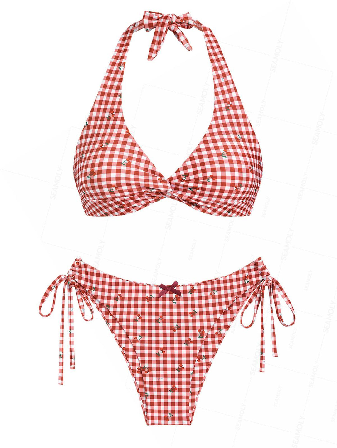 Seamolly Gingham Cherry Print Twisted Gathering & Support Triangle Bikini Set