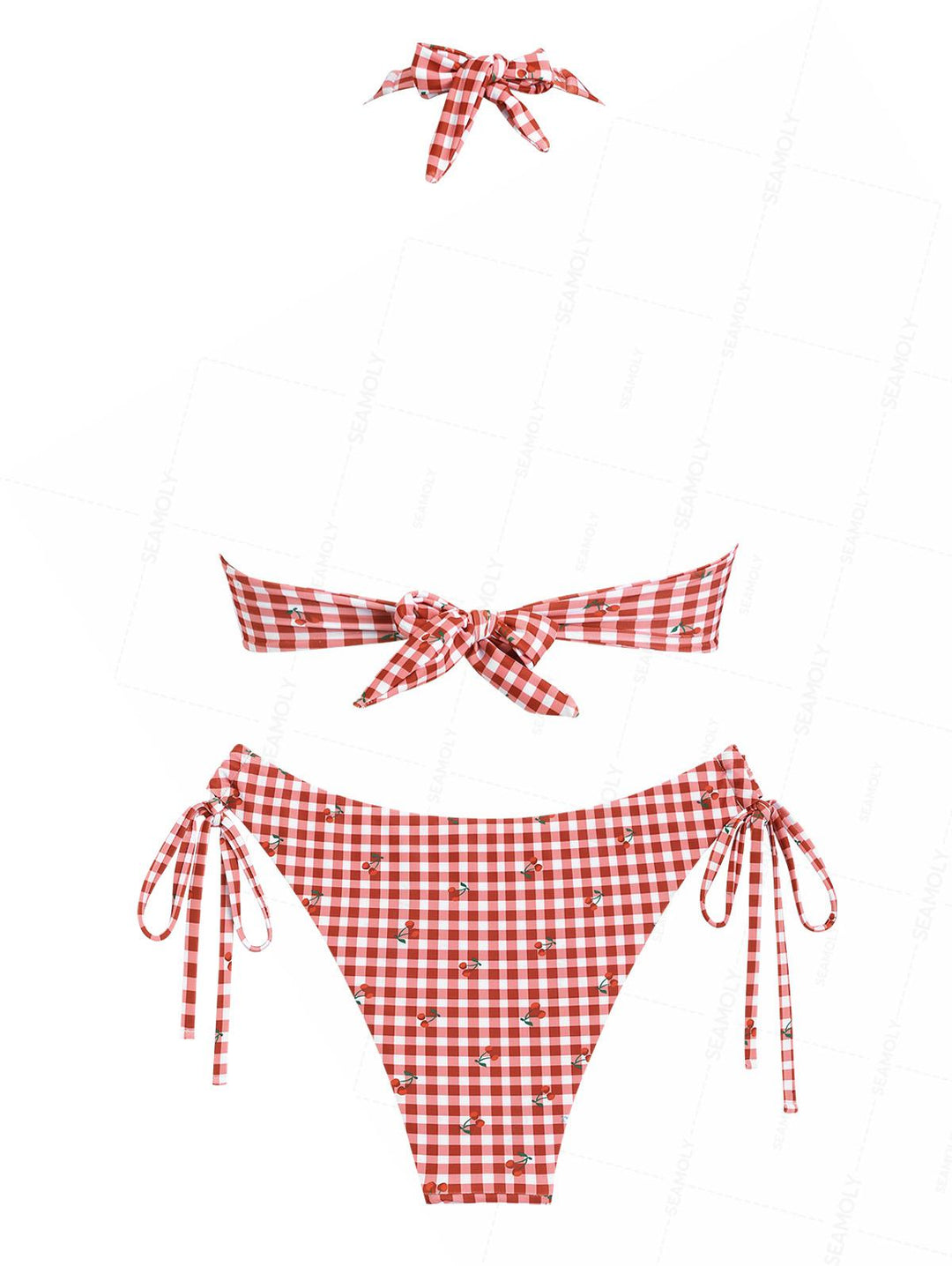 Seamolly Gingham Cherry Print Twisted Gathering & Support Triangle Bikini Set