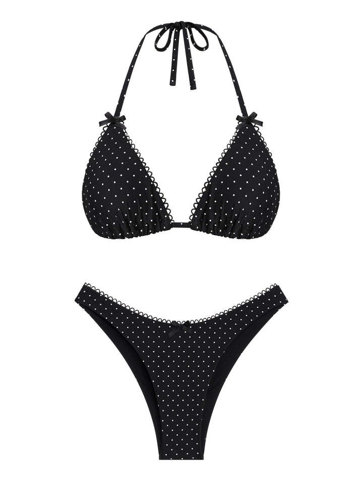 Seamolly Polka Dot Picot Trim Bowknot Halter Triangle Bikini Set