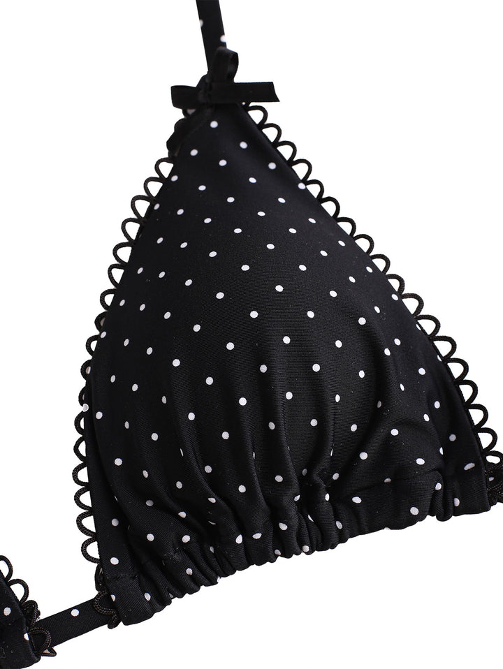 Seamolly Polka Dot Picot Trim Bowknot Halter Triangle Bikini Set