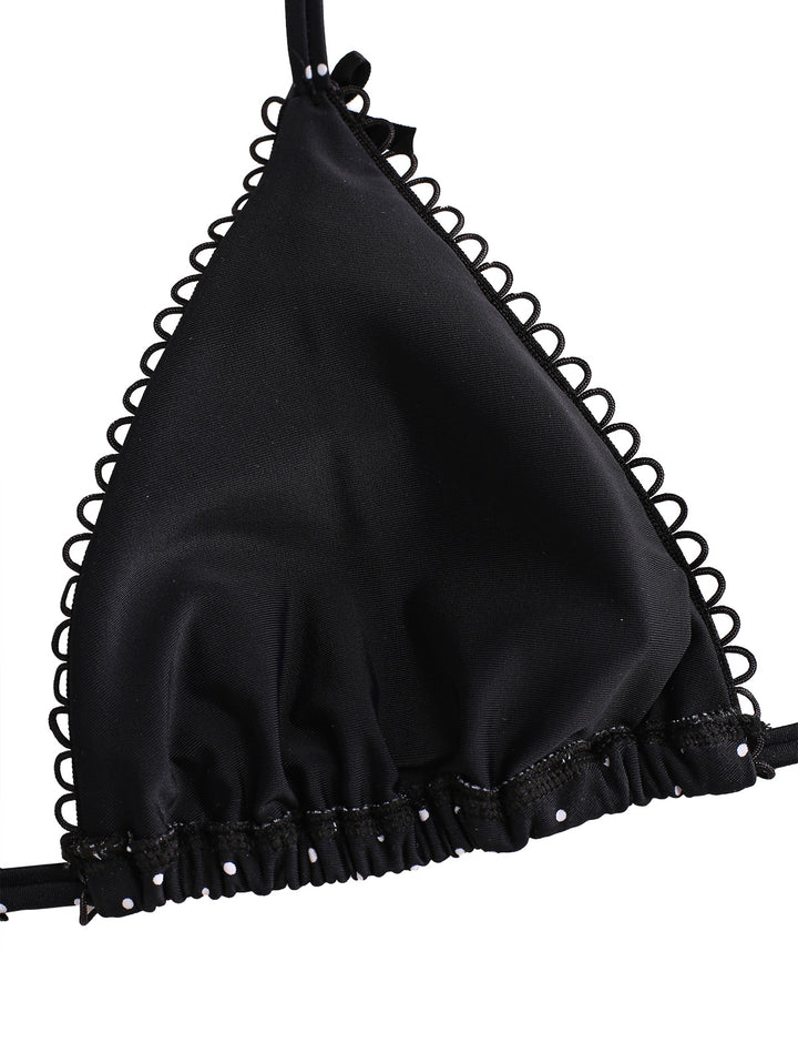 Seamolly Polka Dot Picot Trim Bowknot Halter Triangle Bikini Set