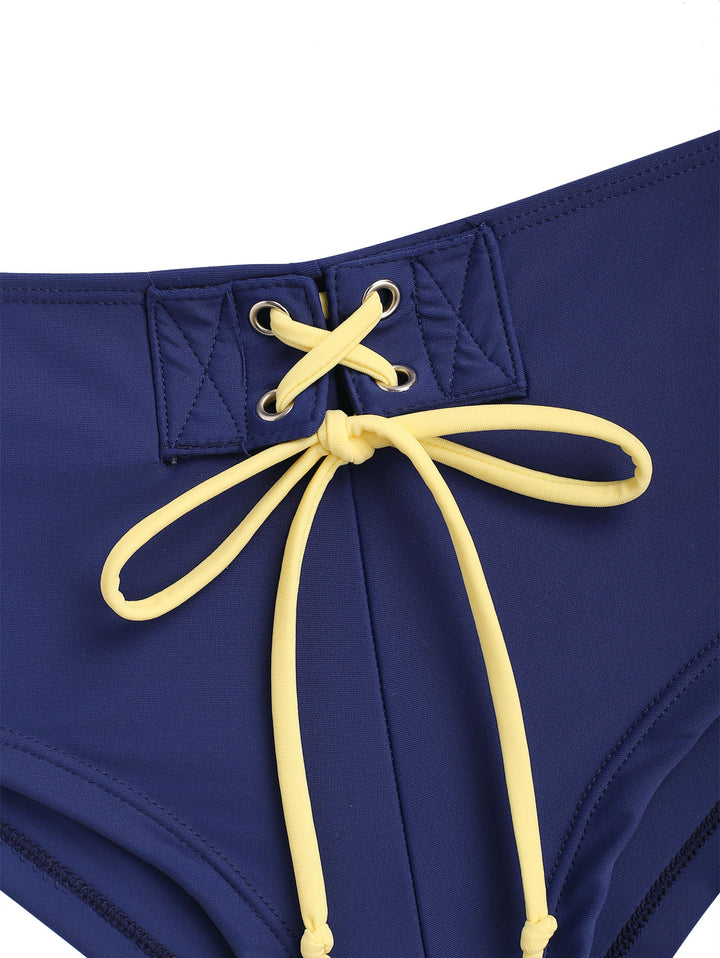 Seamolly Contrast Binding Grommet Lace Up Cheeky Boyshorts Bikini Set