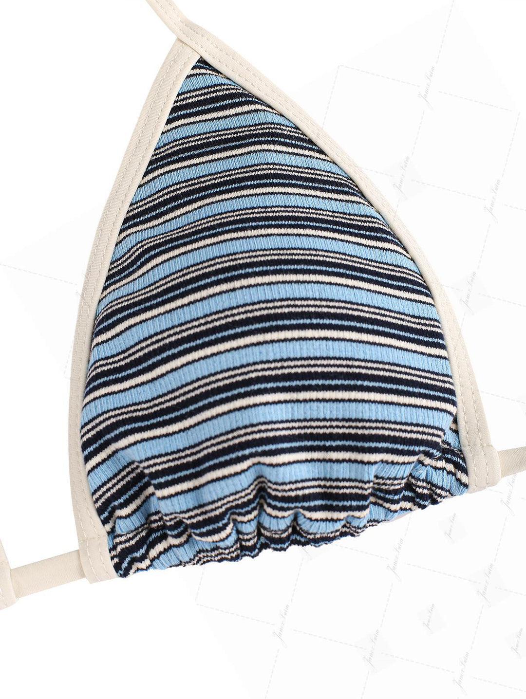 Vintage Blue Knit Striped Ribbed Contrast Binding Halter Triangle Bikini Top
