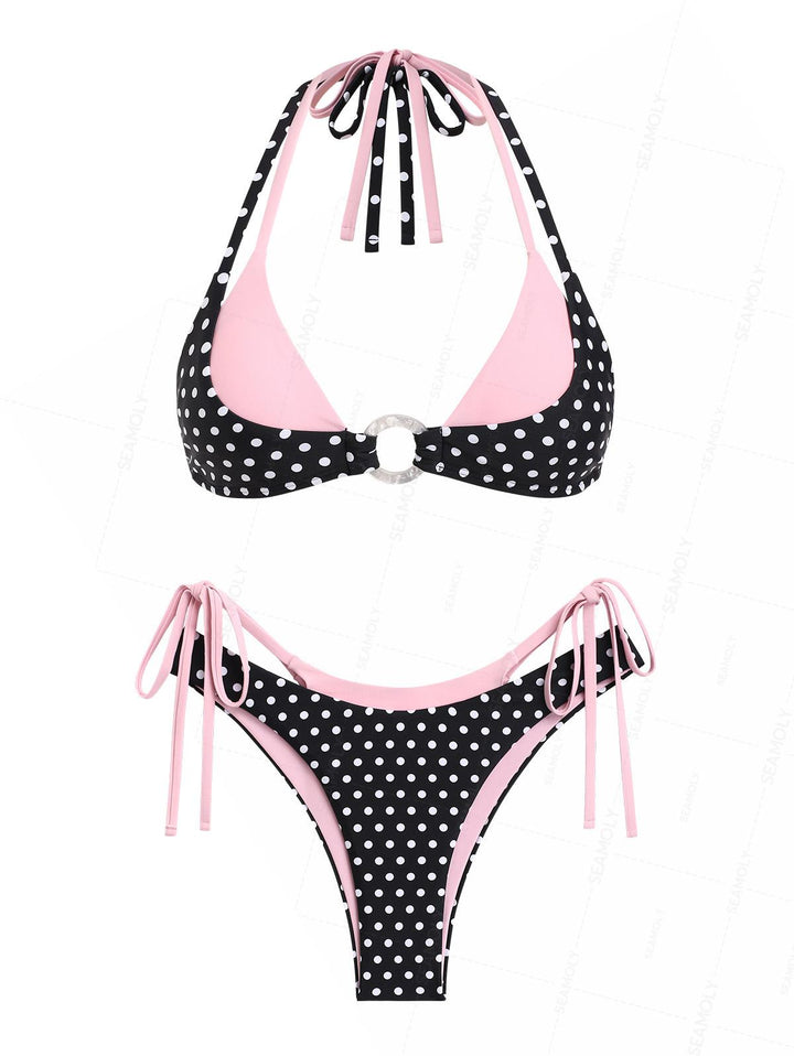 Seamolly Contrast Color Polka Dot Print Double Layer O Ring 2 In 1 Bikini Set