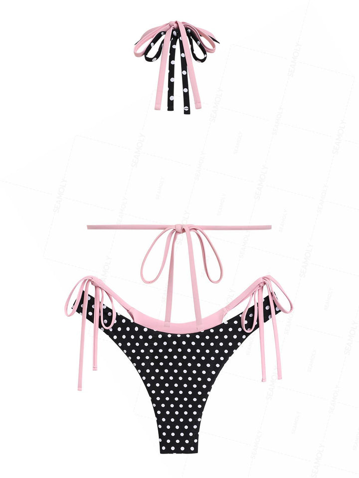 Seamolly Contrast Color Polka Dot Print Double Layer O Ring 2 In 1 Bikini Set