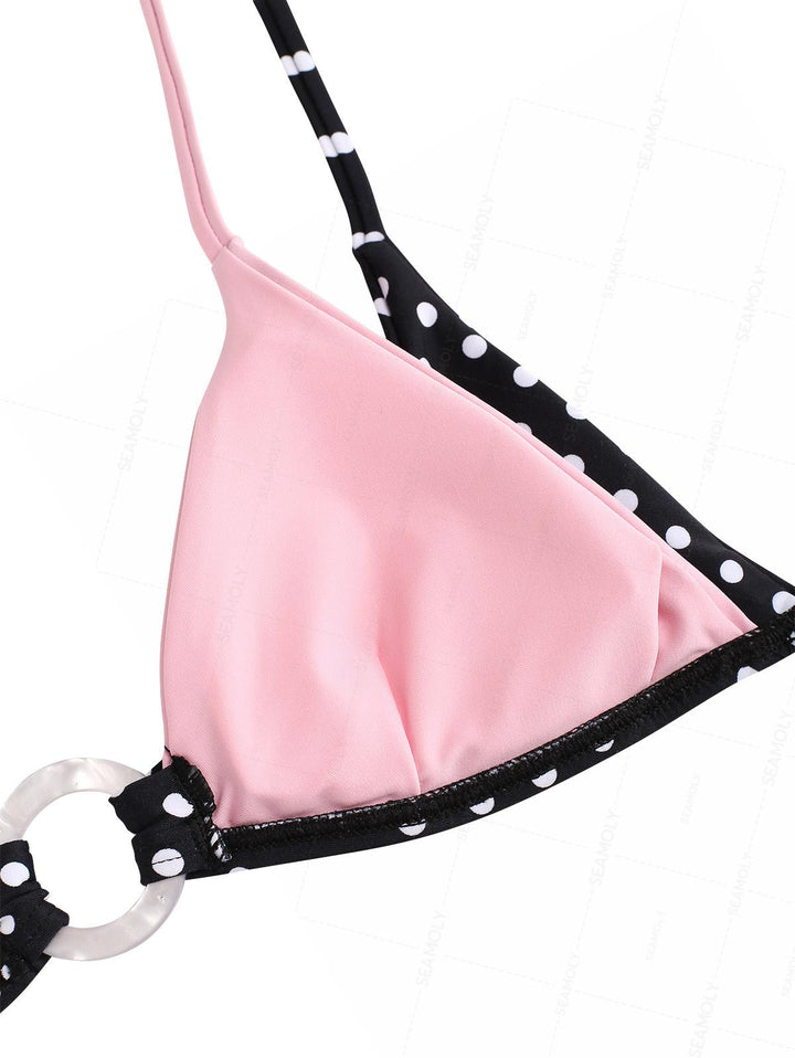 Seamolly Contrast Color Polka Dot Print Double Layer O Ring 2 In 1 Bikini Set