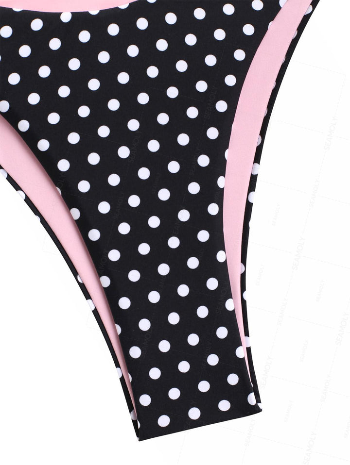 Seamolly Contrast Color Polka Dot Print Double Layer O Ring 2 In 1 Bikini Set