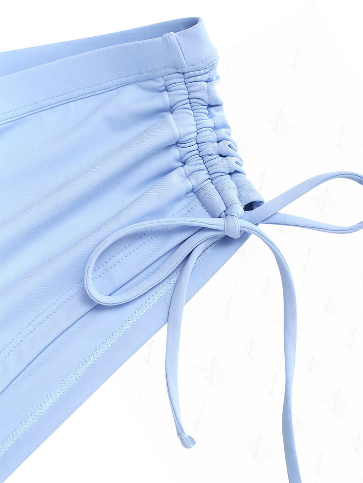 Powder Blue Solid Color Ruched Deep V Neck Cinched Cheeky Boyshorts Tankini Set