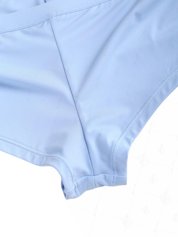 Powder Blue Solid Color Ruched Deep V Neck Cinched Cheeky Boyshorts Tankini Set