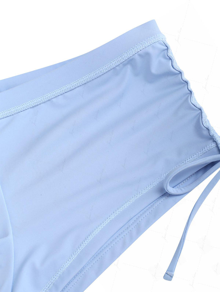 Powder Blue Solid Color Ruched Deep V Neck Cinched Cheeky Boyshorts Tankini Set