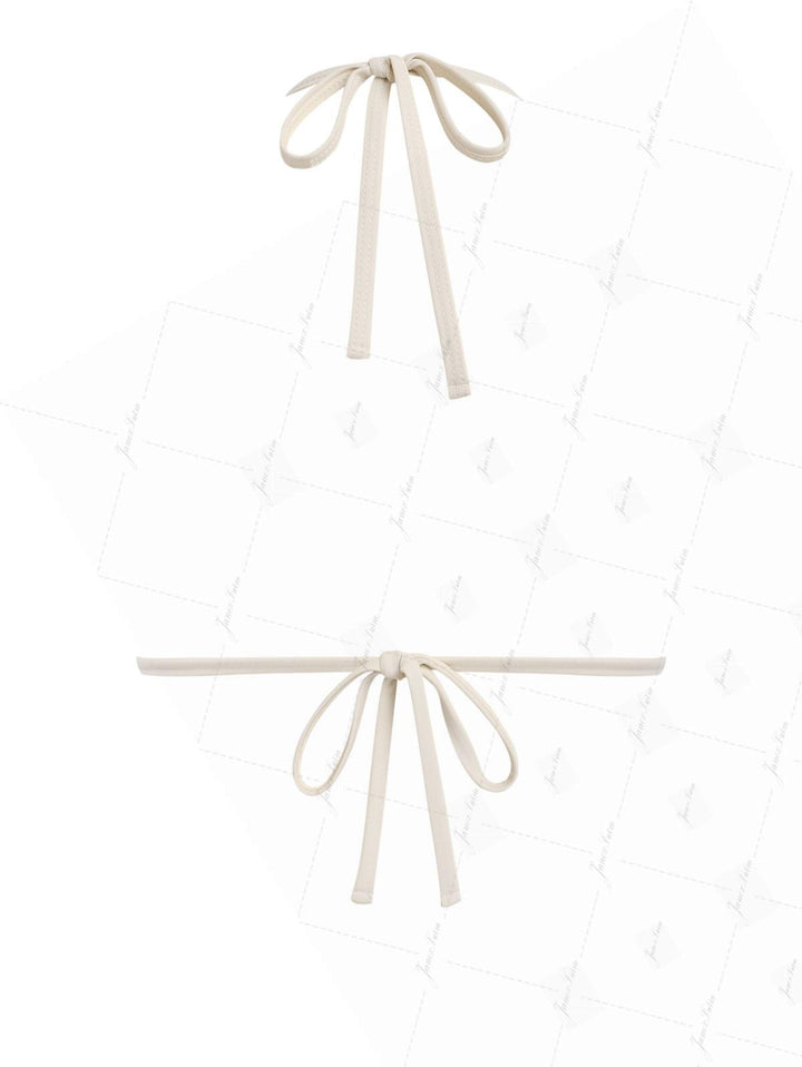 Vintage Brown Knit Striped Ribbed Contrast Binding Halter Triangle Bikini Top