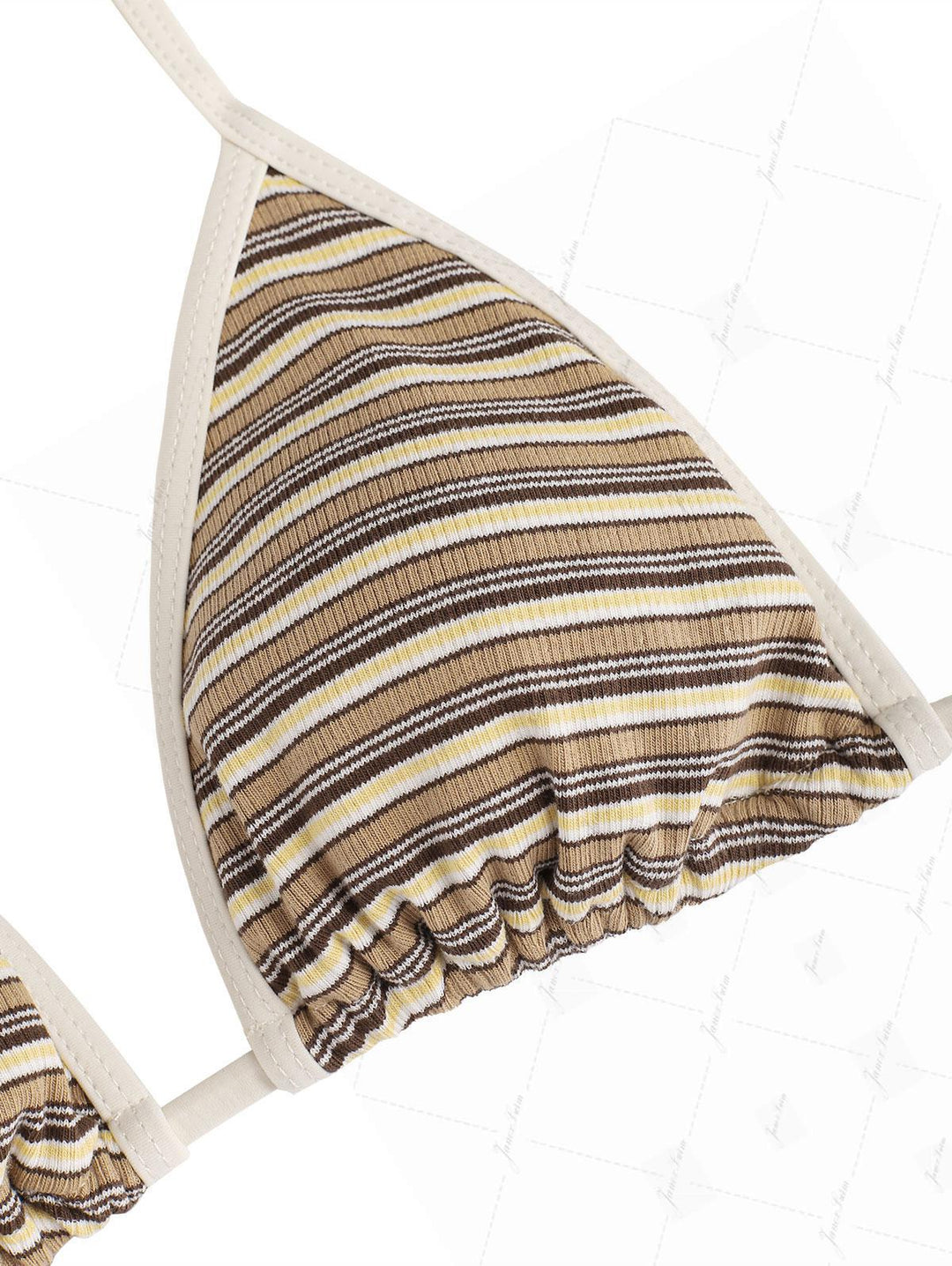 Brown Knit Striped Ribbed Contrast Binding Halter Triangle Bikini Set