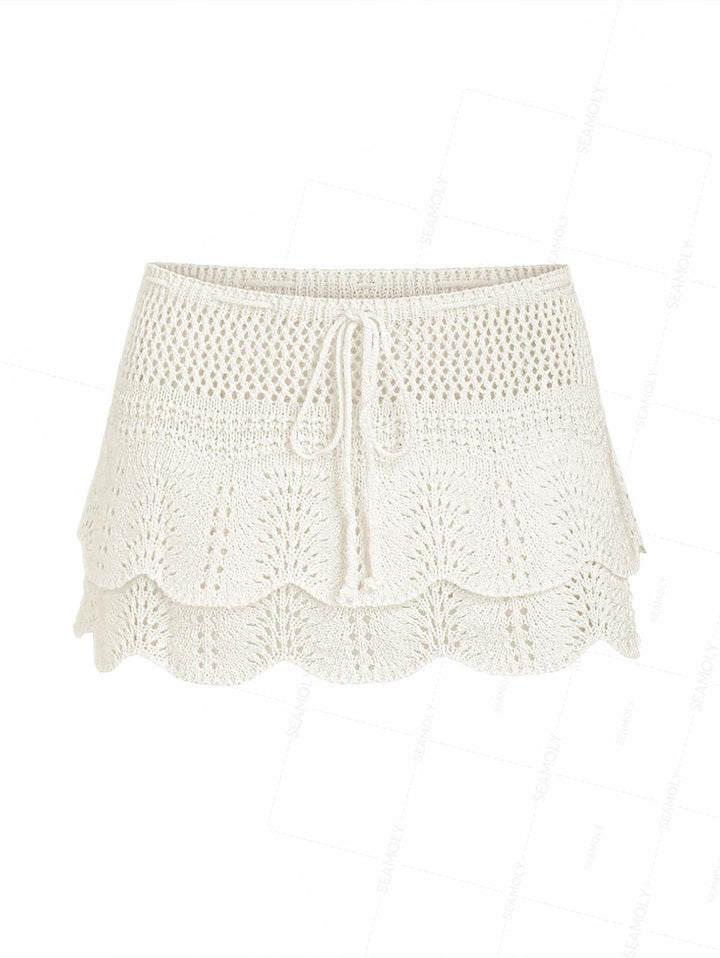 Drawstring Double Layered Crochet Scalloped Hem Mini Beach Cover Up Skirt
