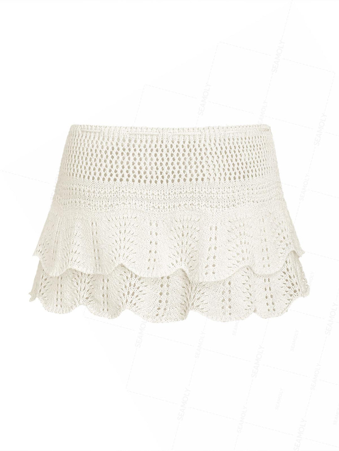 Drawstring Double Layered Crochet Scalloped Hem Mini Beach Cover Up Skirt