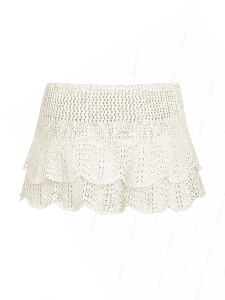 Drawstring Double Layered Crochet Scalloped Hem Mini Beach Cover Up Skirt