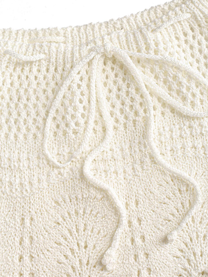 Drawstring Double Layered Crochet Scalloped Hem Mini Beach Cover Up Skirt