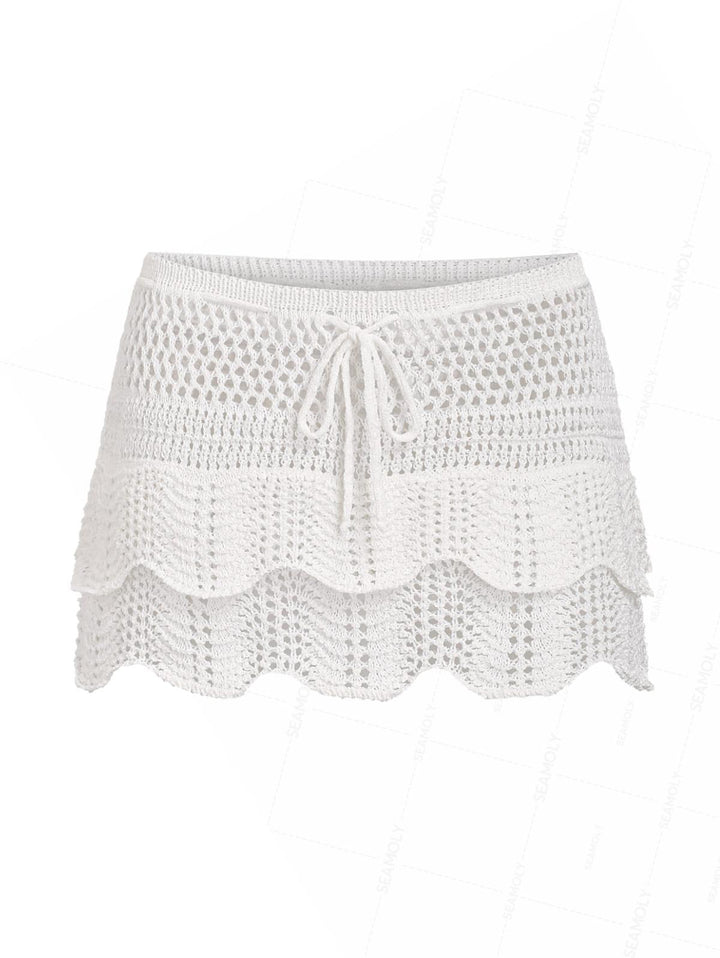 Crochet Double Layered Scalloped Hem Drawstring Mini Beach Cover Up Skirt