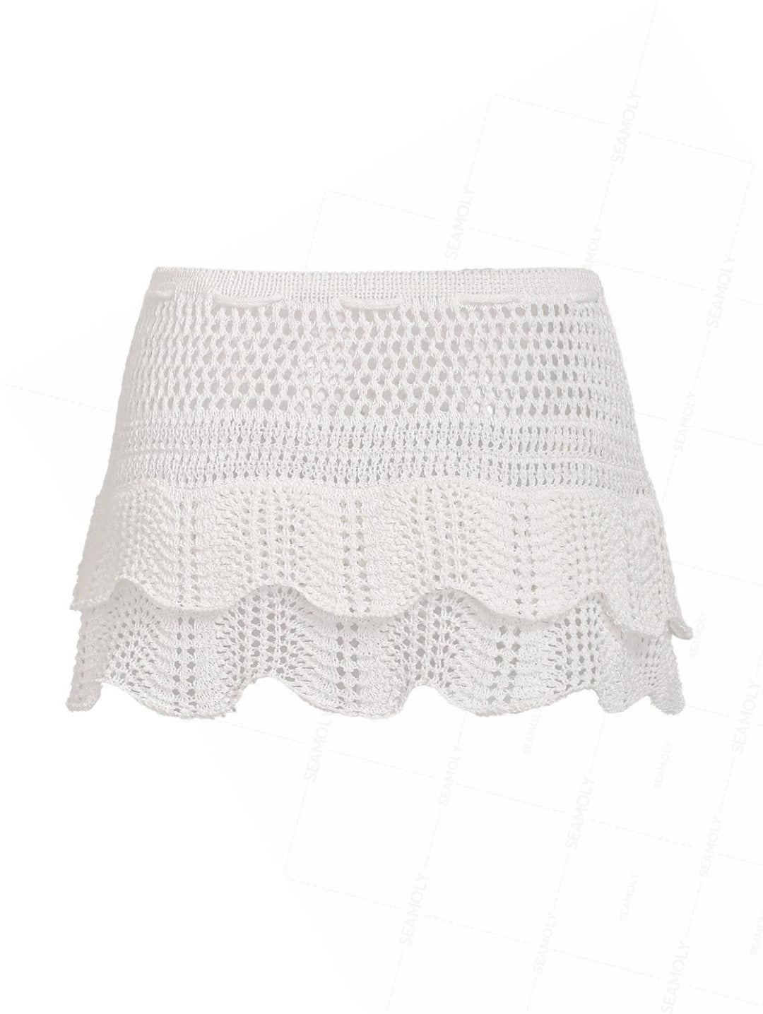 Crochet Double Layered Scalloped Hem Drawstring Mini Beach Cover Up Skirt