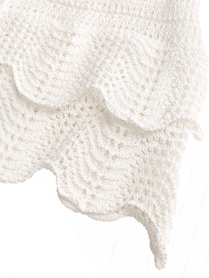Crochet Double Layered Scalloped Hem Drawstring Mini Beach Cover Up Skirt