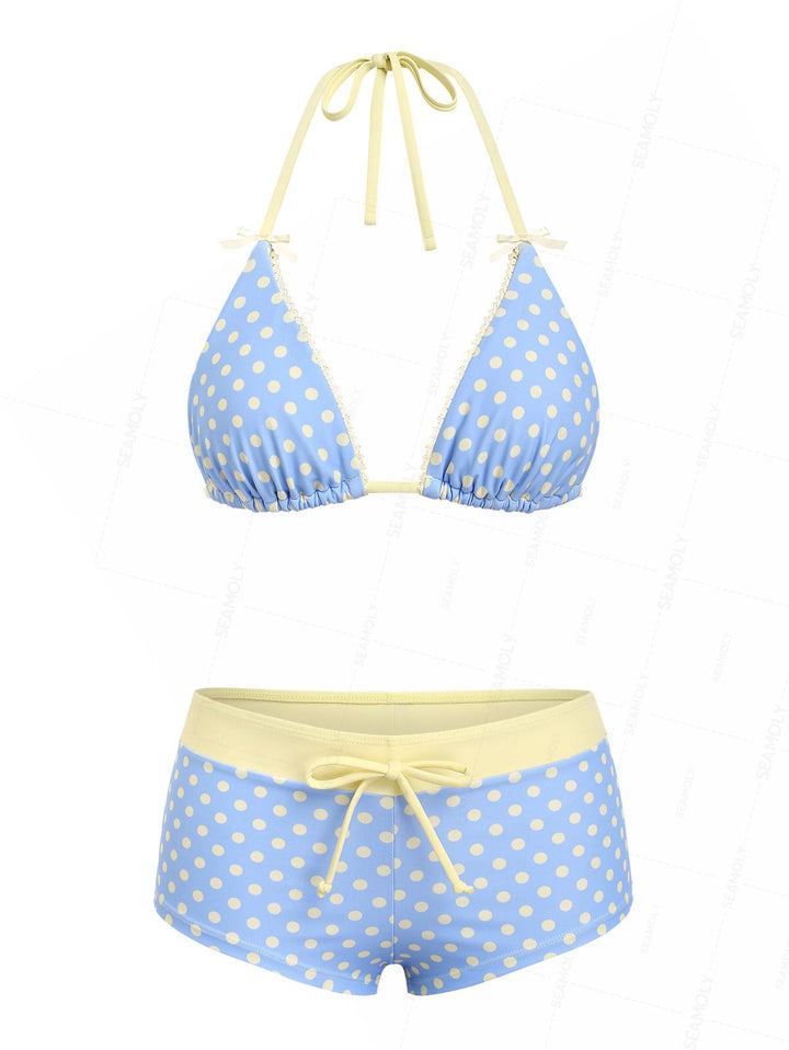 Seamolly Polka Dot Print Lace Bowknot Cheeky Boyshorts Bikini Set