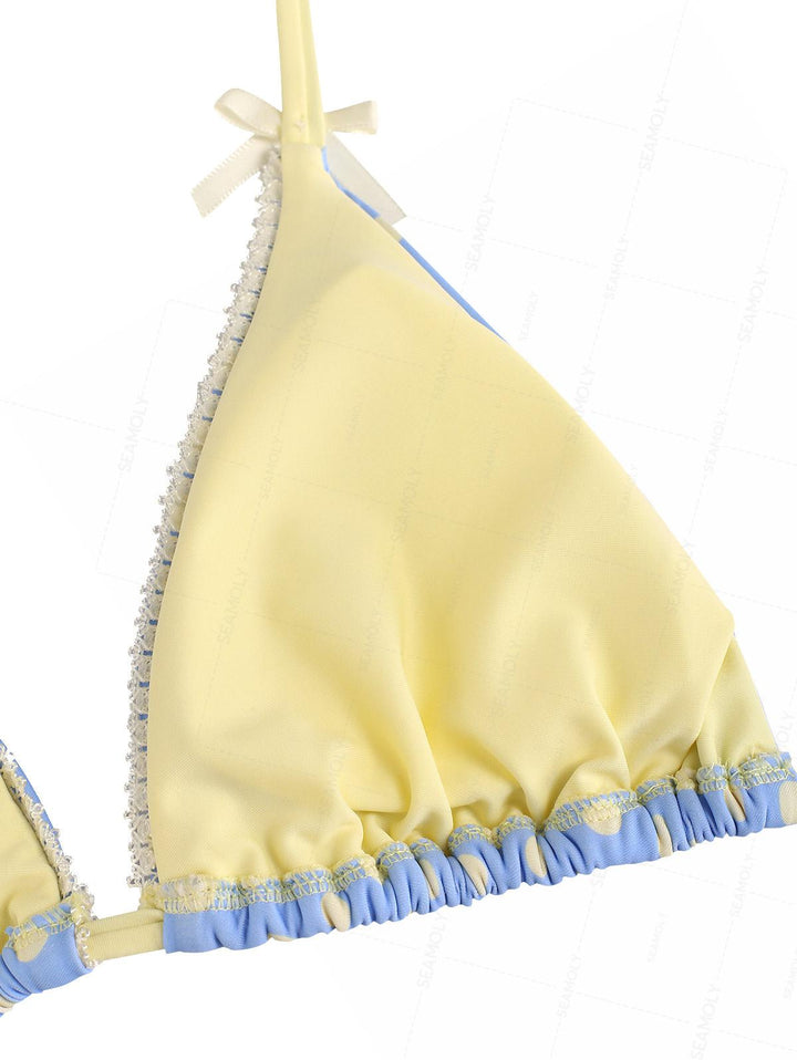 Seamolly Polka Dot Print Lace Bowknot Cheeky Boyshorts Bikini Set