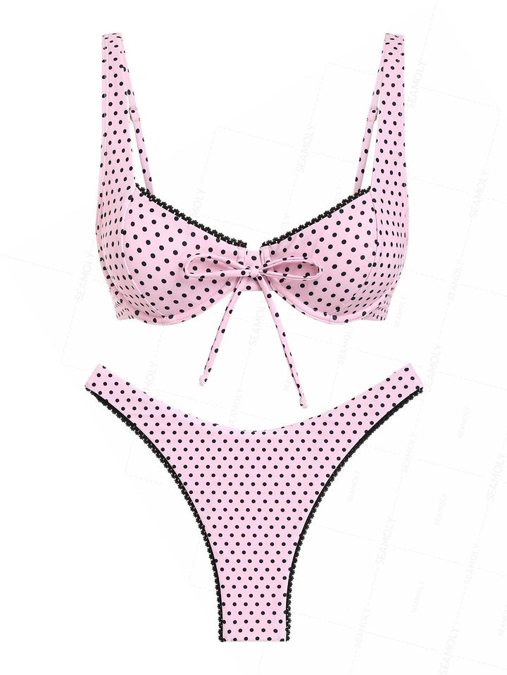 Seamolly Polka Dot Lace Bowknot Underwire High Leg Bikini Set