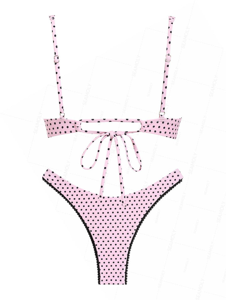 Seamolly Polka Dot Lace Bowknot Underwire High Leg Bikini Set