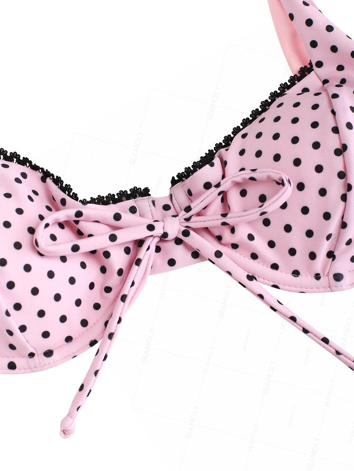 Seamolly Polka Dot Lace Bowknot Underwire High Leg Bikini Set