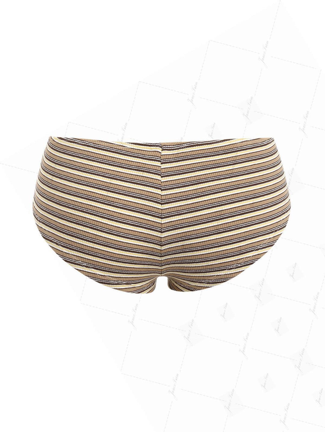 Brown Ribbed Knit Striped Grommet Lace Up Bikini Bottom Cheeky Swim Boyshorts