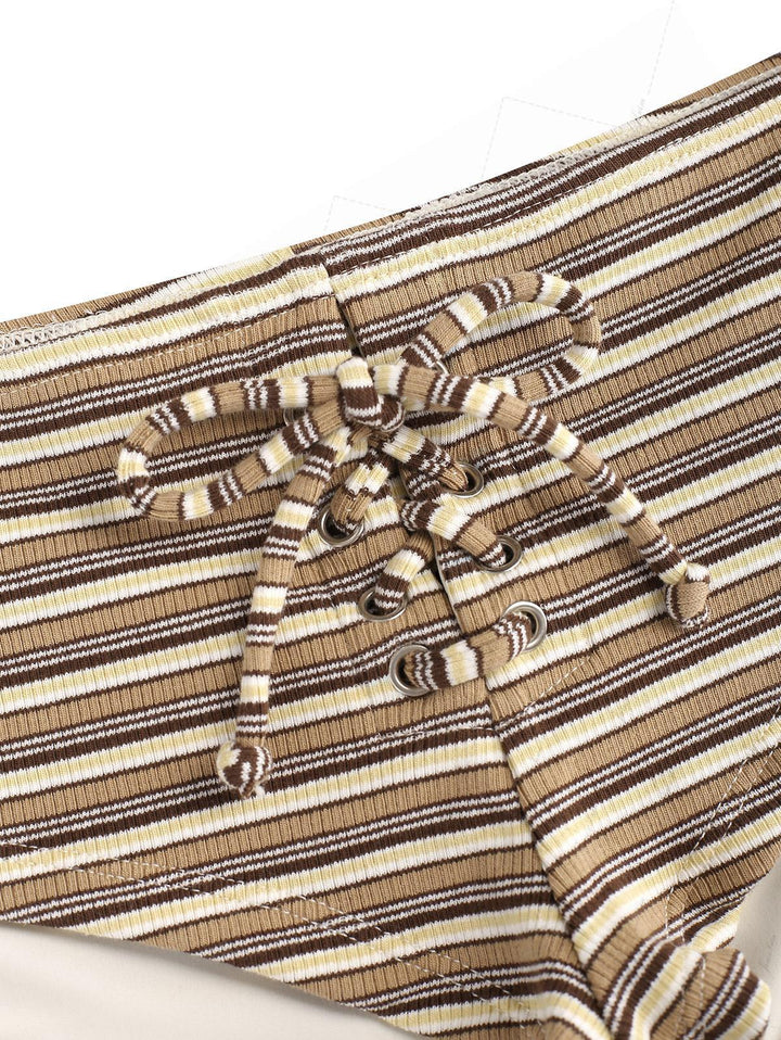 Brown Knit Striped Ribbed Contrast Binding Halter Triangle Bikini Set