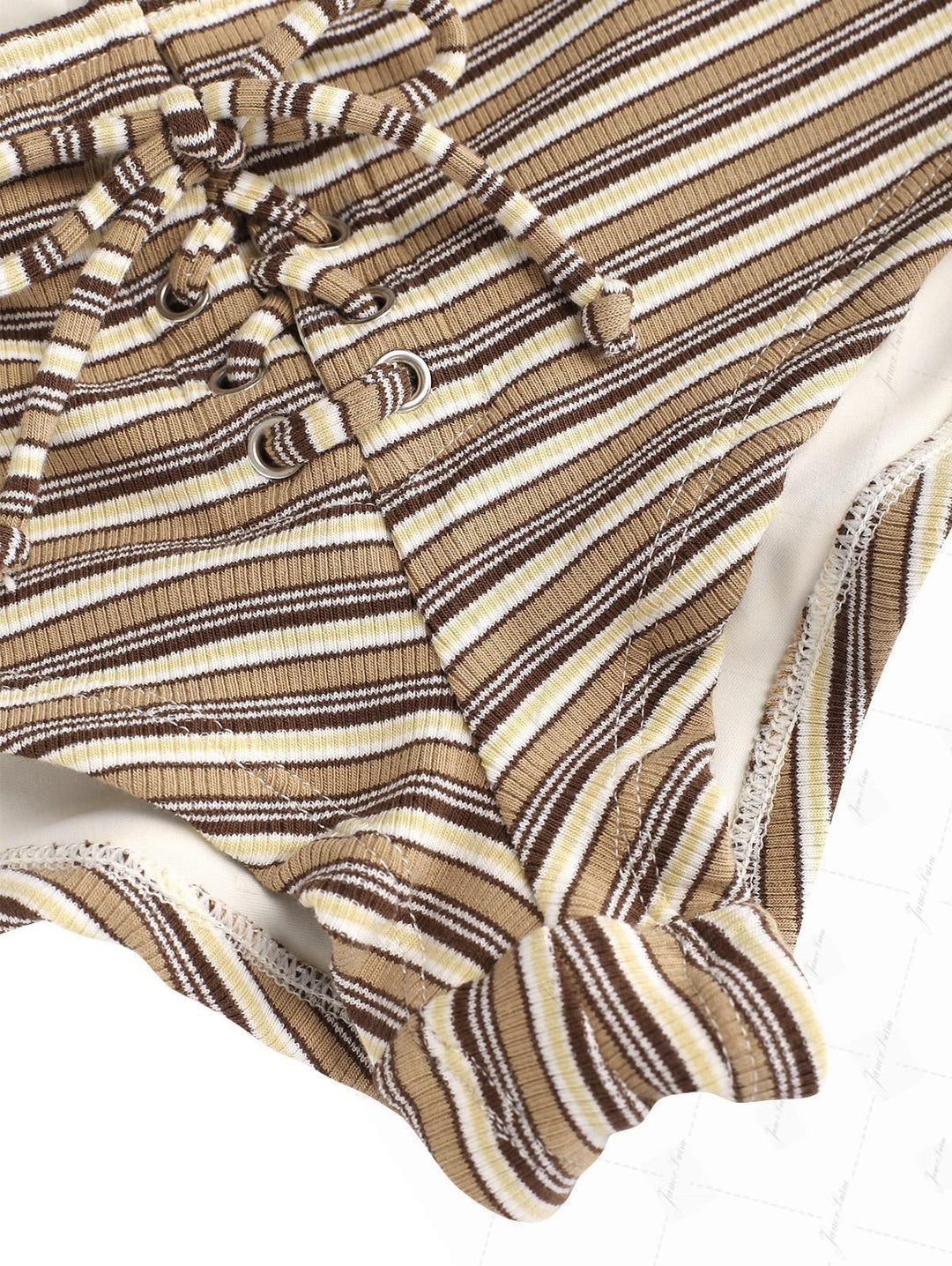 Brown Ribbed Knit Striped Grommet Lace Up Bikini Bottom Cheeky Swim Boyshorts