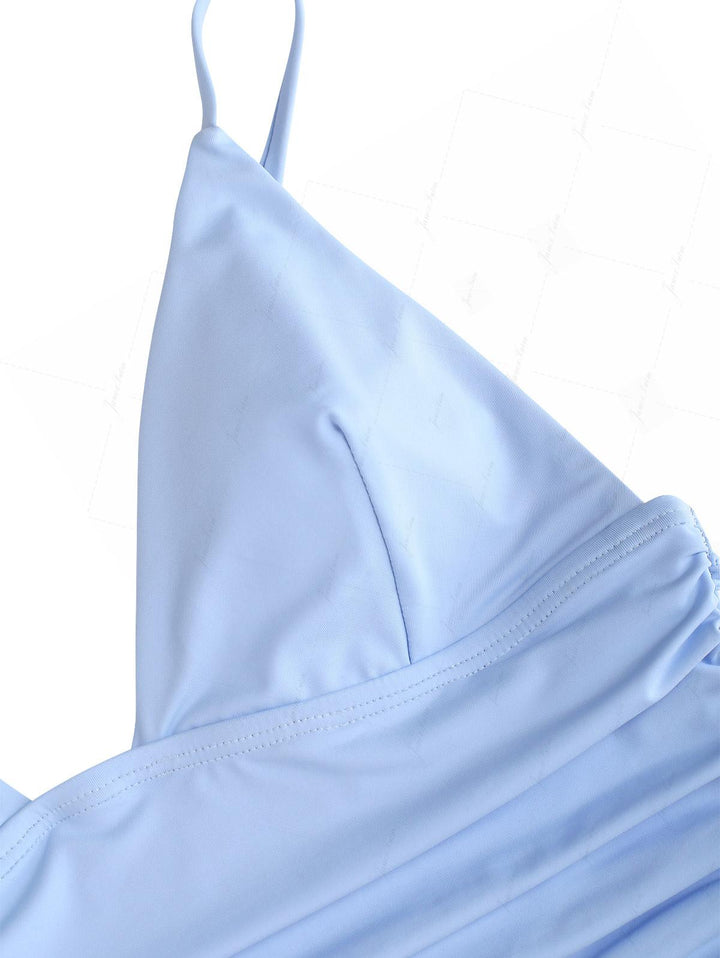 Powder Blue Solid Color Ruched Deep V Neck Cinched Cheeky Boyshorts Tankini Set
