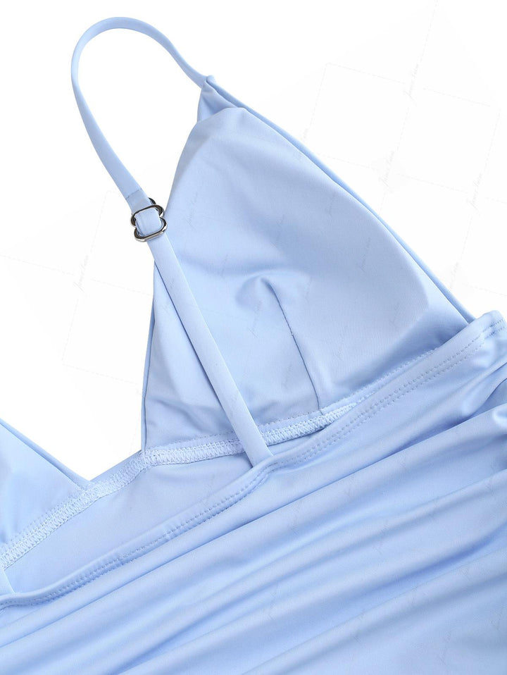 Powder Blue Solid Color Ruched Deep V Neck Cinched Cheeky Boyshorts Tankini Set