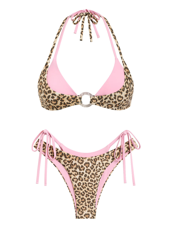 Seamolly Leopard Print Contrast Color Double Layer O Ring 2 In 1 Bikini Set