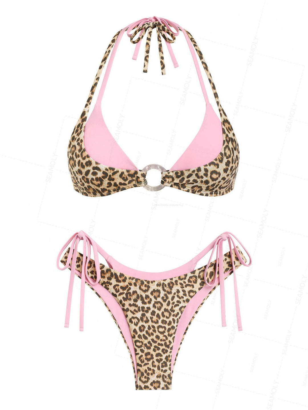 Seamolly Leopard Print Contrast Color O Ring Double Layer Bikini Set