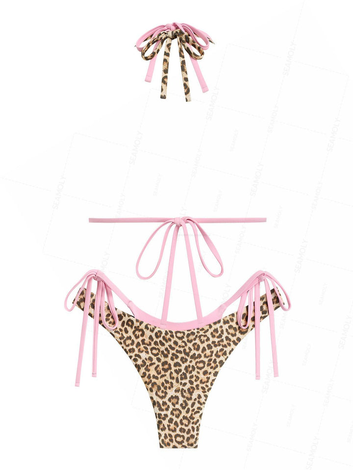 Seamolly Leopard Print Contrast Color O Ring Double Layer Bikini Set