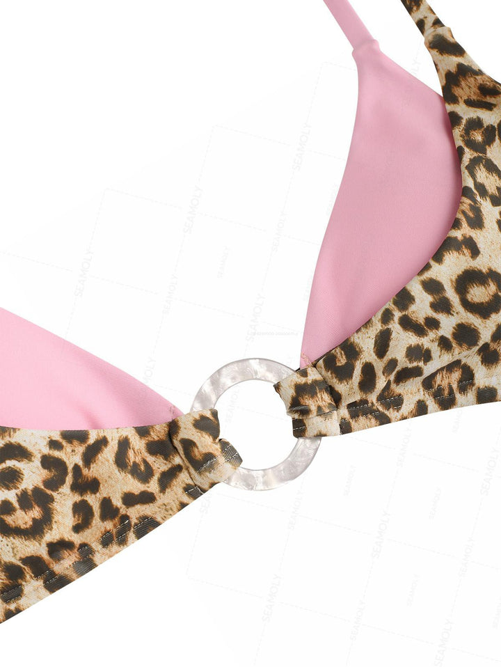 Seamolly Leopard Print Contrast Color O Ring Double Layer Bikini Set