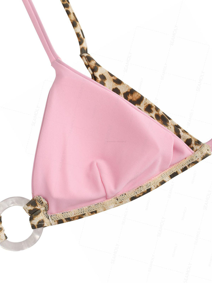 Seamolly Leopard Print Contrast Color O Ring Double Layer Bikini Set
