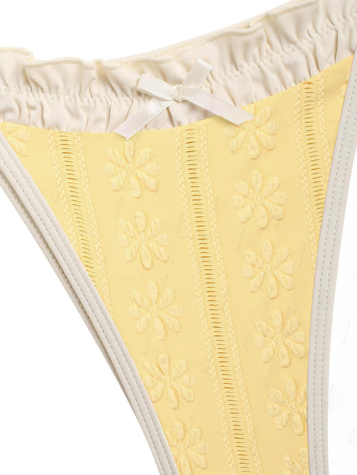 Janex Yellow Floral Jacquard Textured Bowknot Tie Side Cheeky Bikini Set