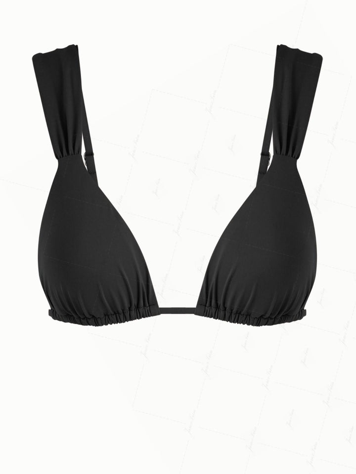 Black Solid Color Ruched Wide Straps Triangle Bikini Top