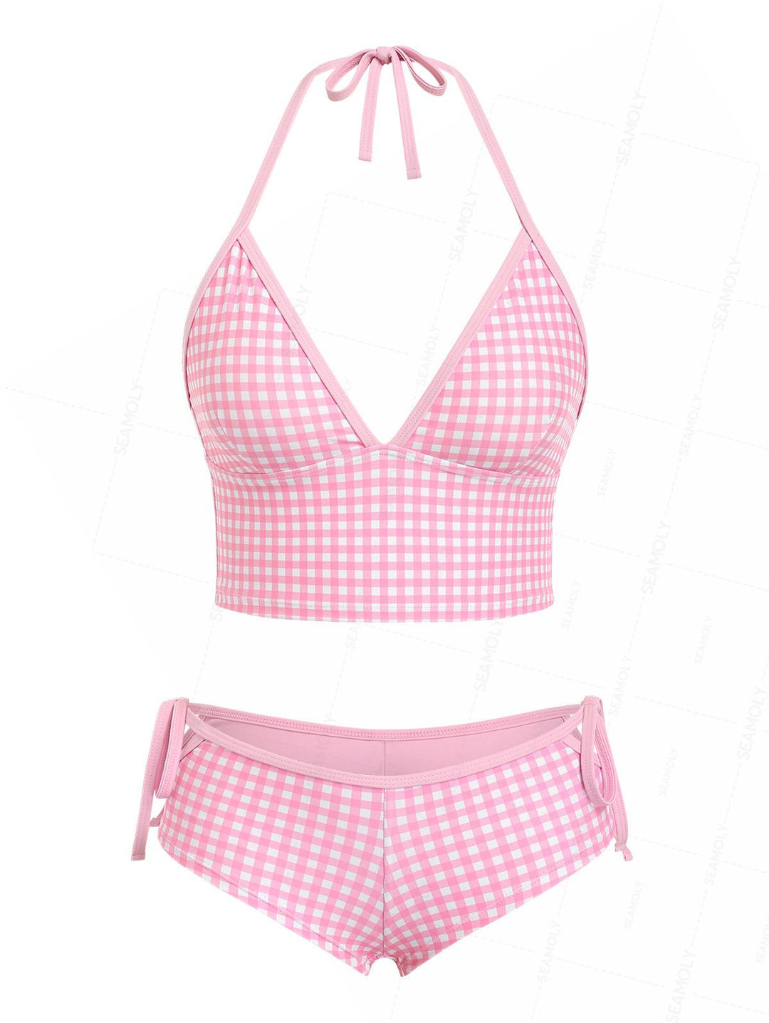 Seamolly Gingham Halter Cutout Tied Side Cheeky Boyshorts Tankini Set