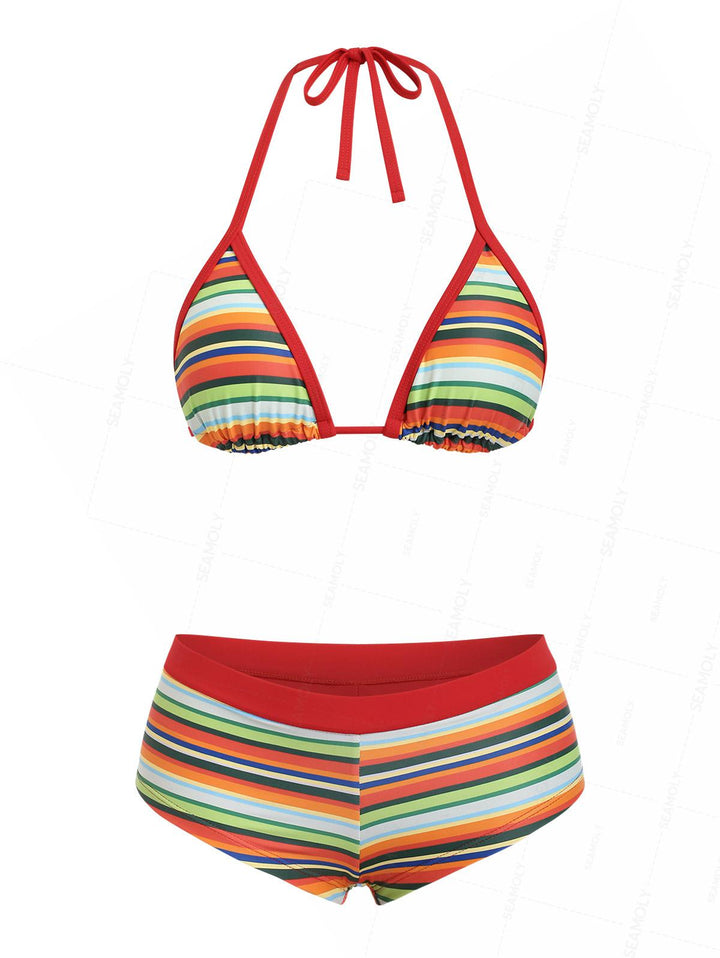 Seamolly Striped Contrast Binding Halter Triangle Cheeky Boyshorts Bikini Set
