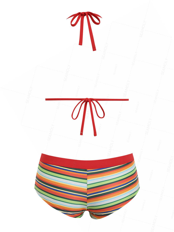 Seamolly Striped Contrast Binding Halter Triangle Cheeky Boyshorts Bikini Set